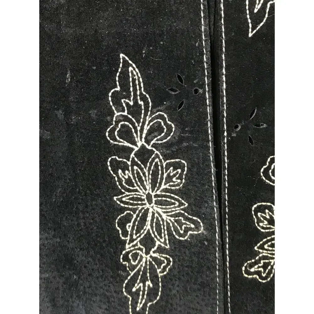 Coldwater Creek Leather Vest Womens L Black Floral Embroidered Zip Boho Western
